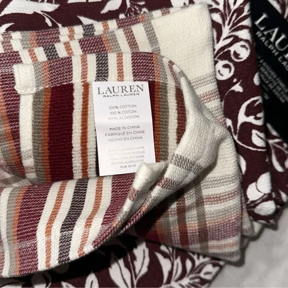 LRL Burgundy White Ivory Plaid Berry Terrycloth Cotton Dish Kitchen Towels